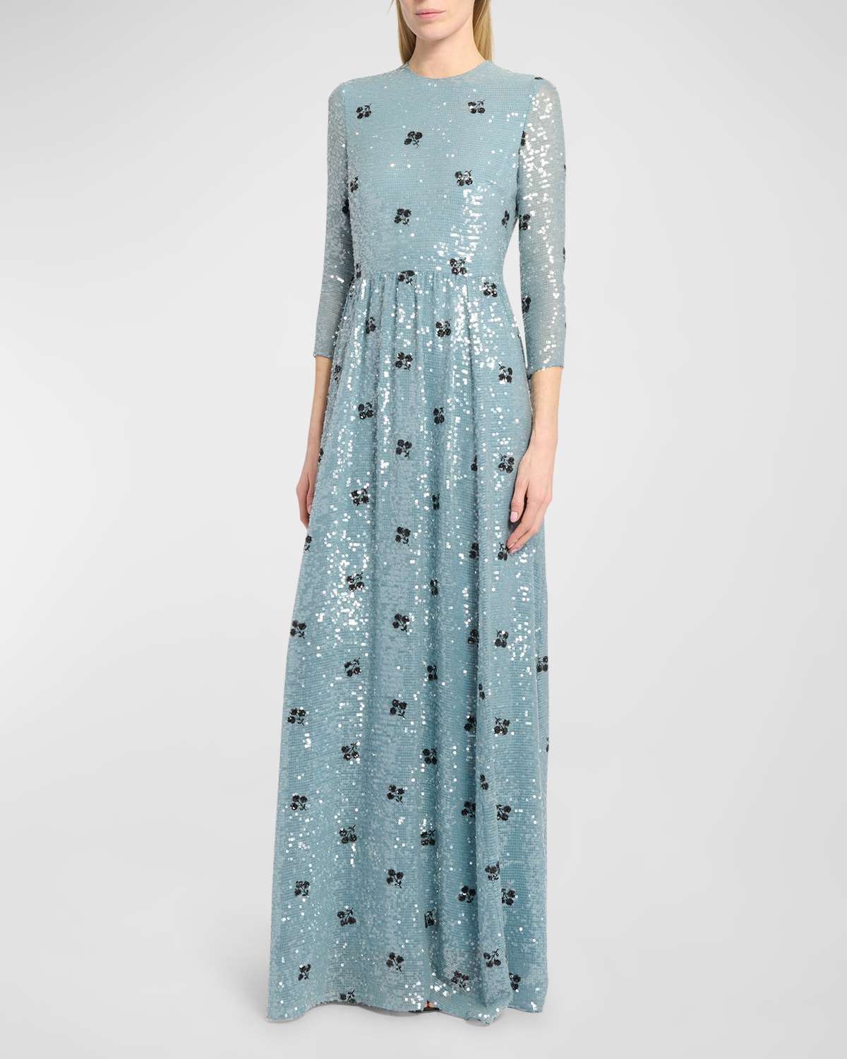 Floral Sequin 3/4-Sleeve Fit-&-Flare Gown