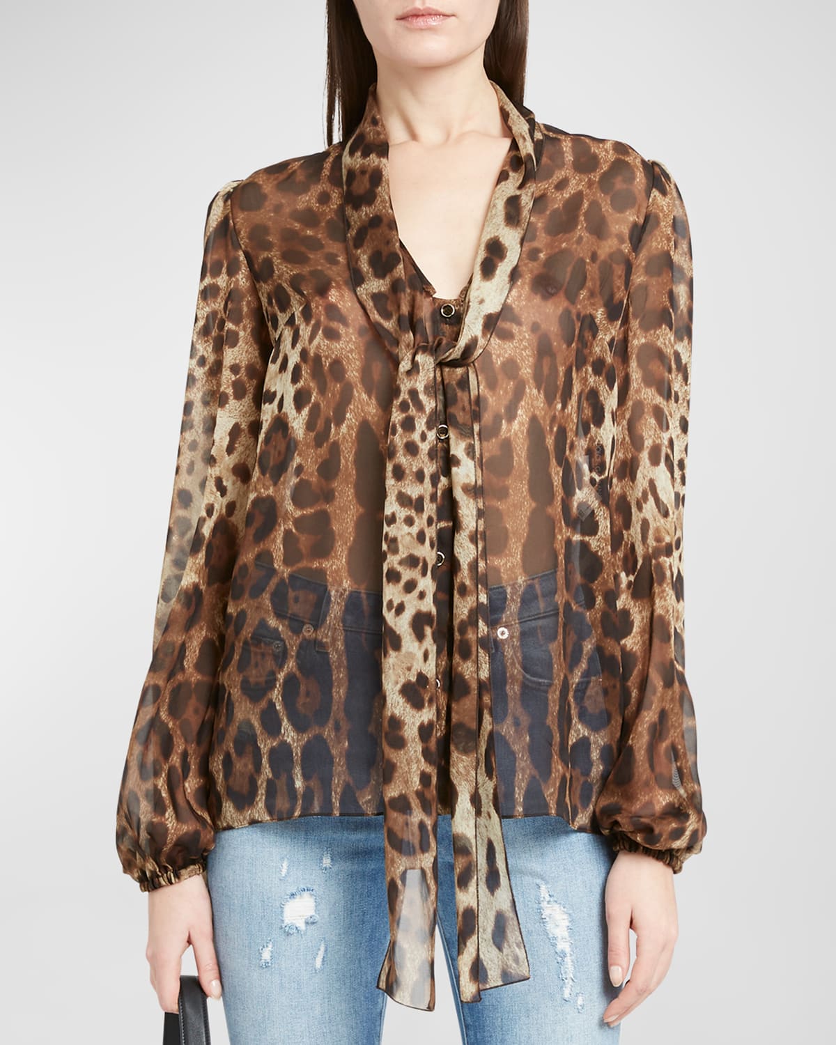 Shop Dolce & Gabbana Leopard Print Tie-neck Chiffon Blouse In Ltbrownprt