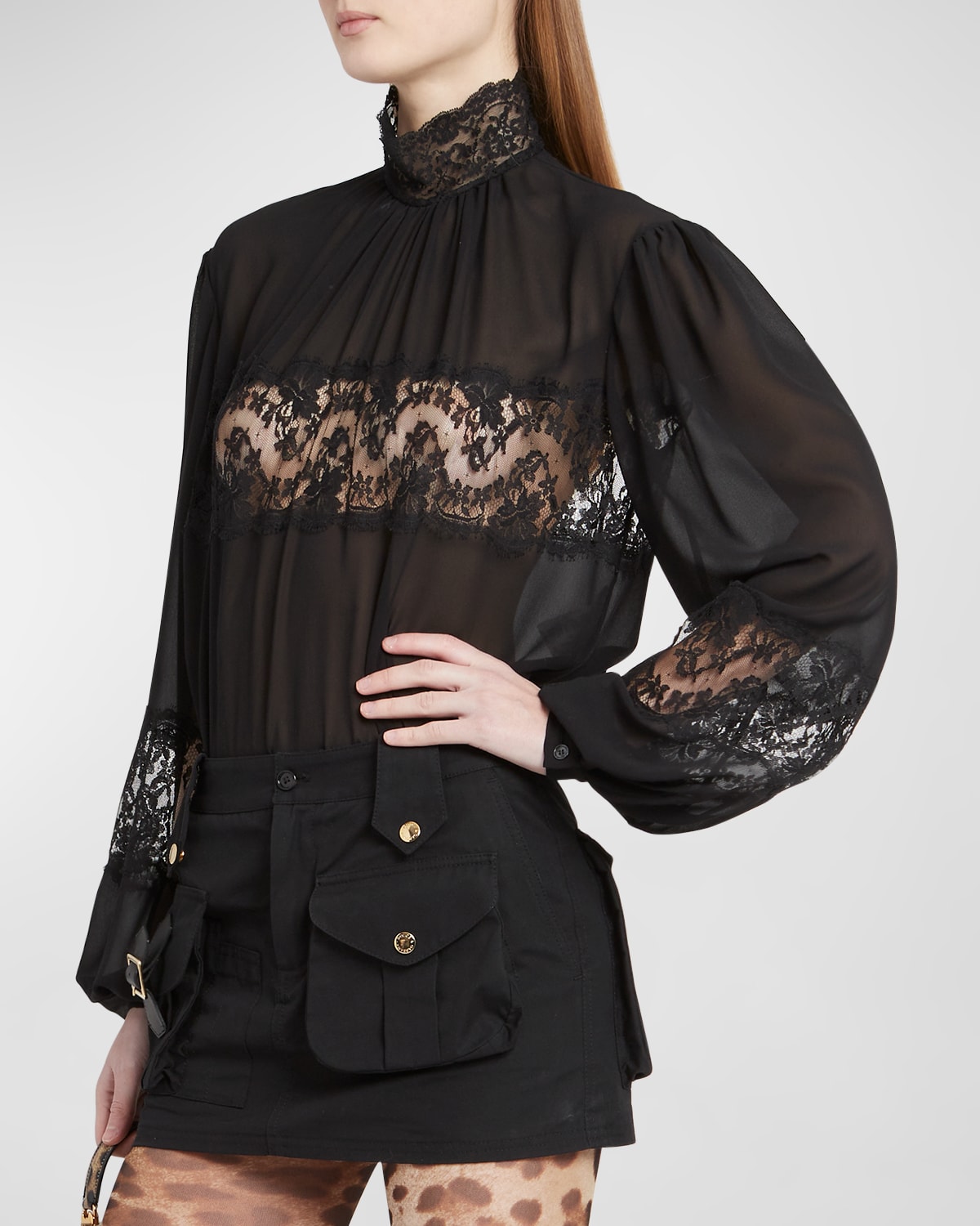 Dolce & Gabbana Georgette Silk Top With Lace Details In Black