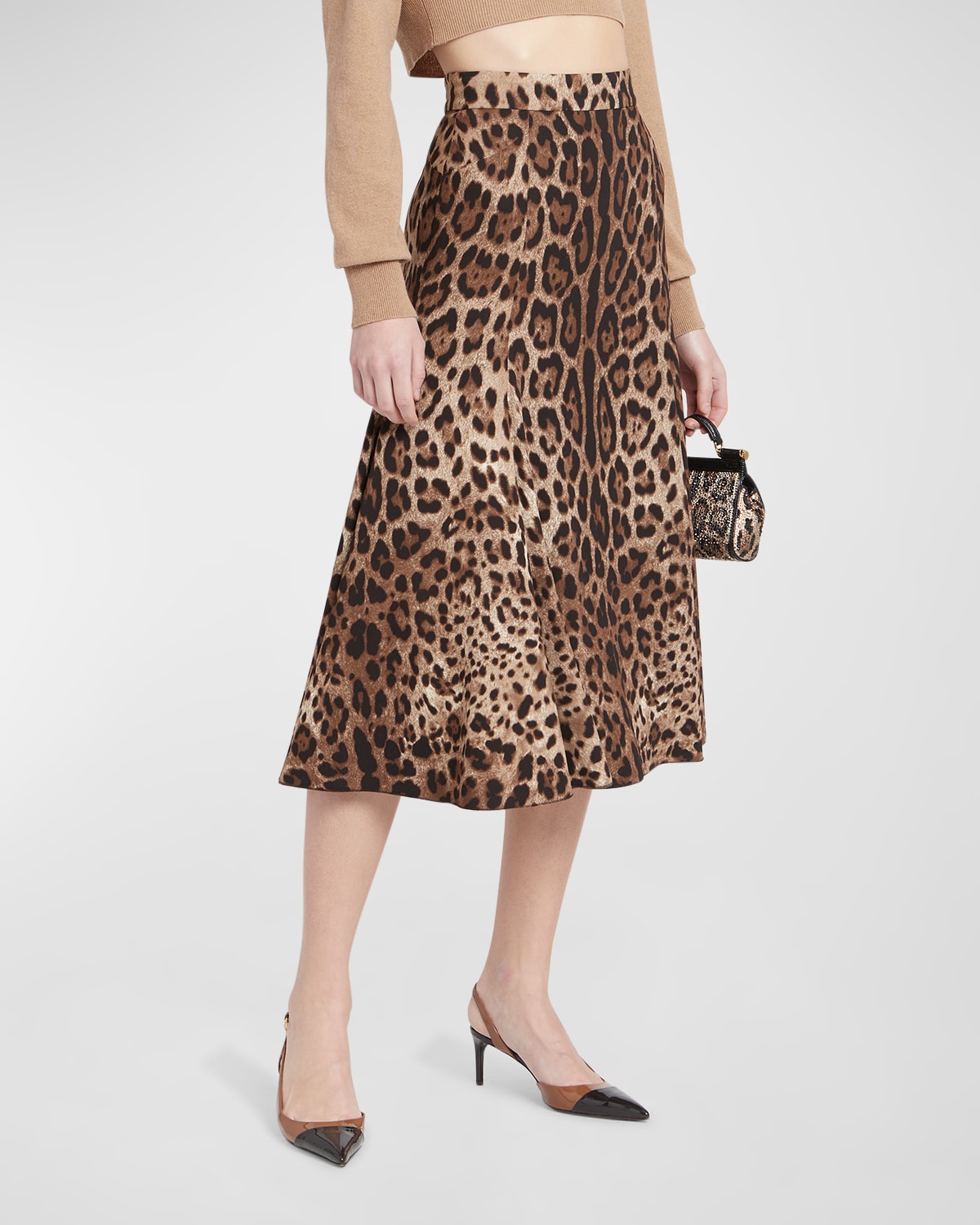 Dolce & Gabbana Leopard Print Stretch Cady A-line Skirt In Ltbrownprt