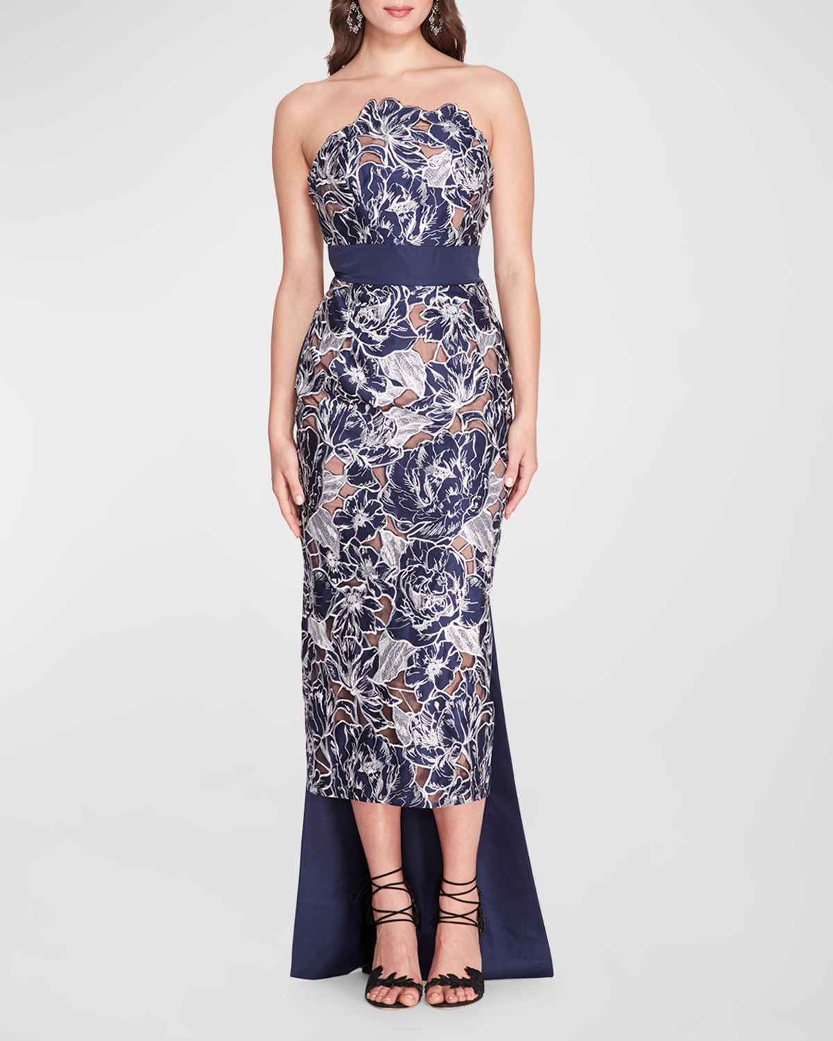 Marchesa Notte Embroidered Satin Cutwork Strapless Tea-Length Gown