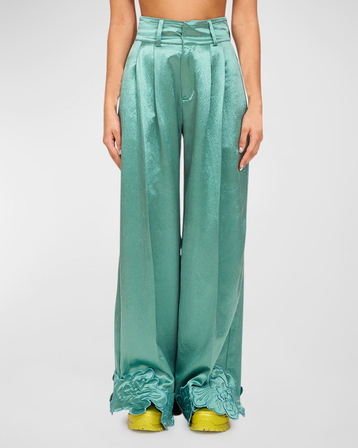 Ribbit Satin Floral Embroidered Wide-Leg Pants