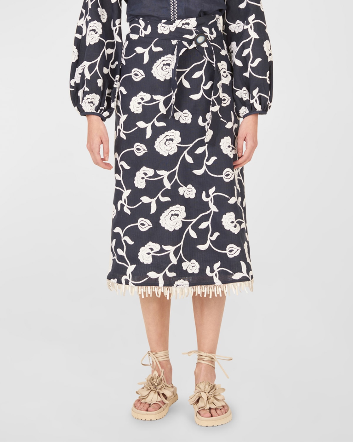 Silvia Tcherassi Bianca Floral Embroidered Fringe-hem Midi Skirt In Navy Embroidered