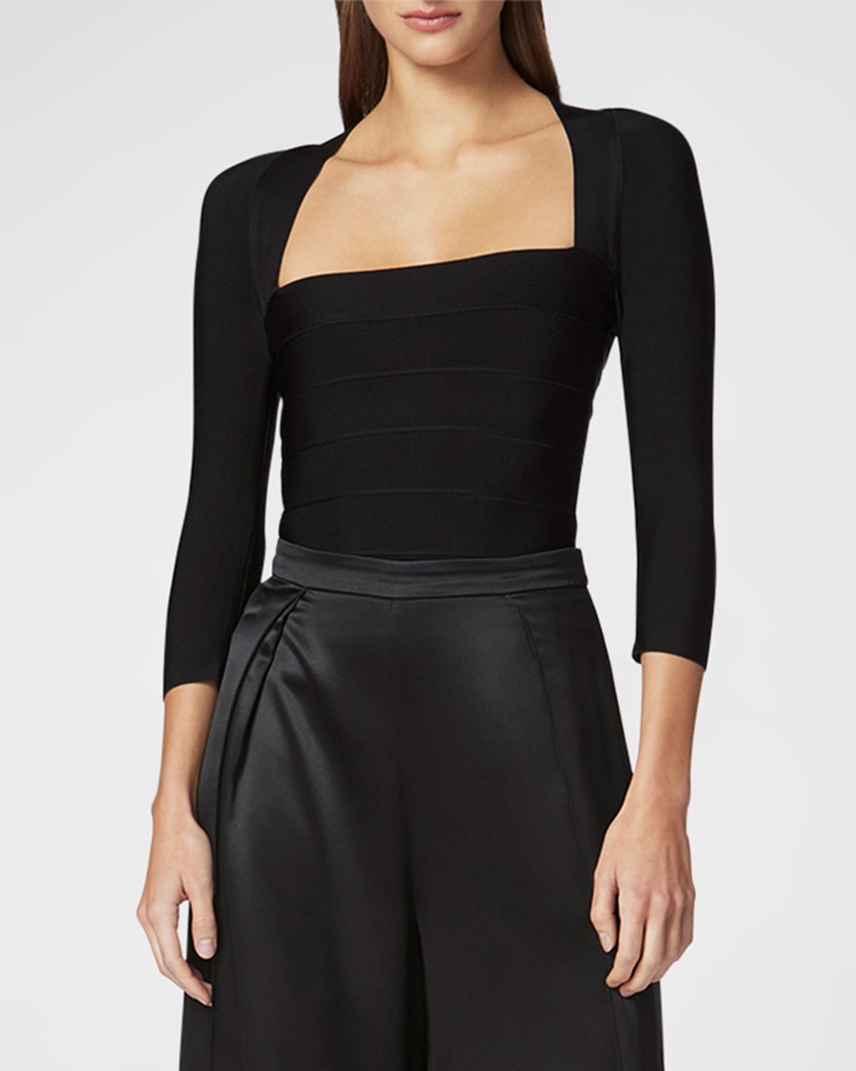 Herve Leger Recycled Icon Square-neck 3/4-sleeve Top In Black
