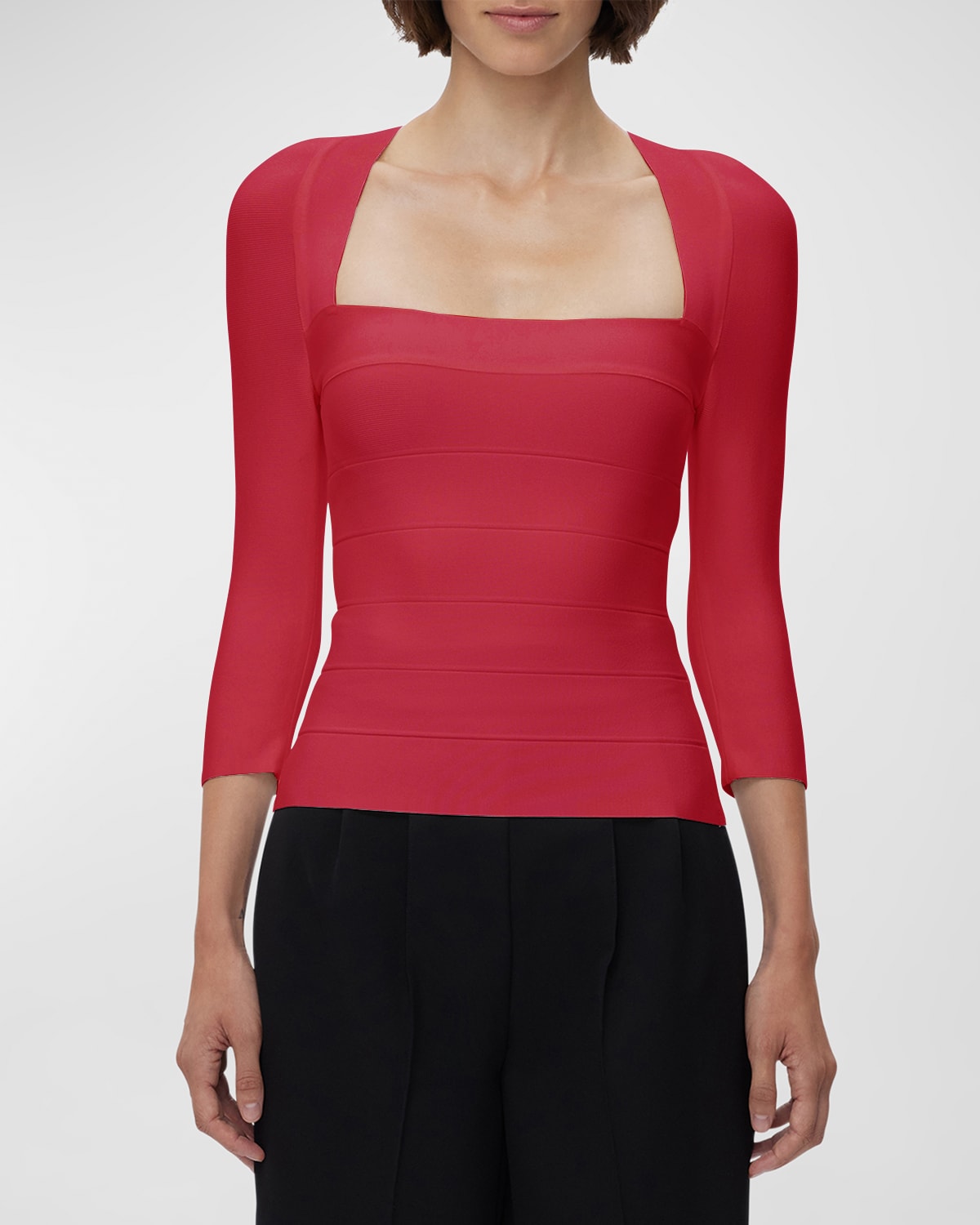 Herve Leger Recycled Icon Square-neck 3/4-sleeve Top In Rio Red