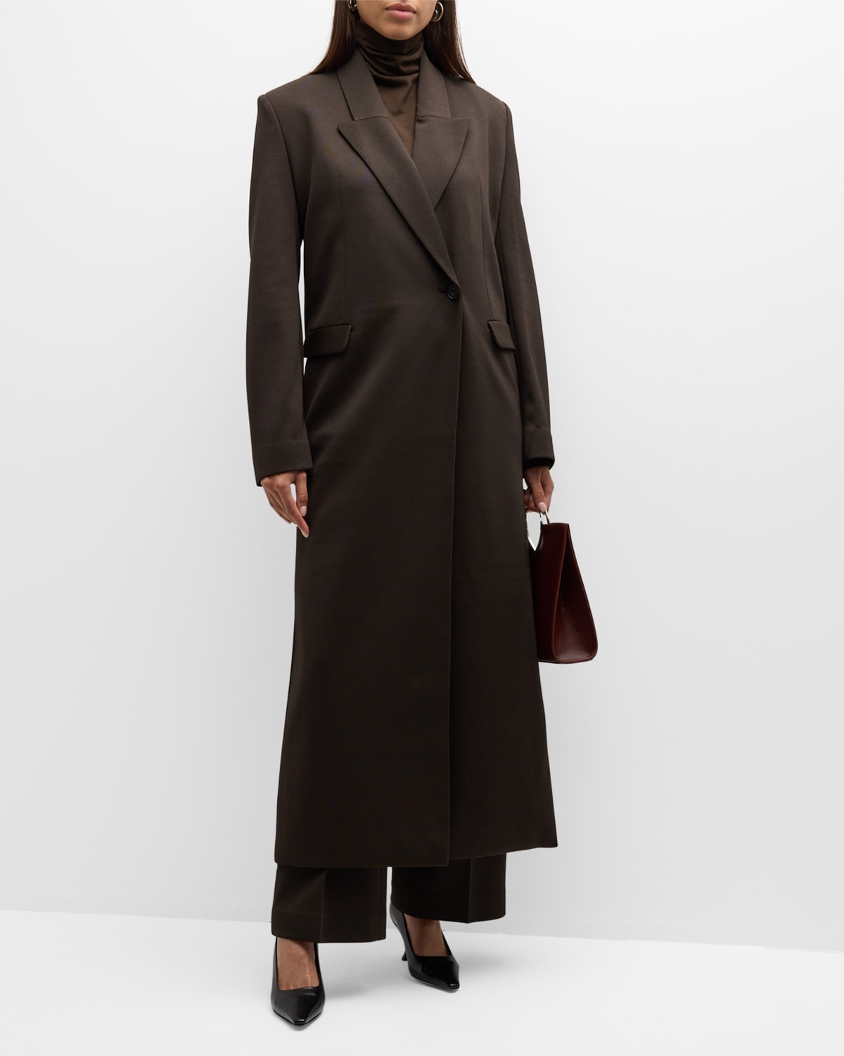 Shop Gia Studios Long Double-breasted Knit Coat In Dark Brown