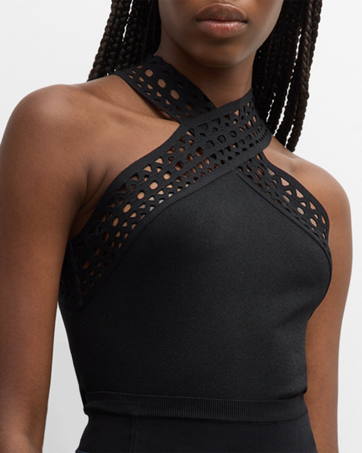 Alaïa Vienne Lasercut Crossover Halter Bodysuit In Noir Alaia