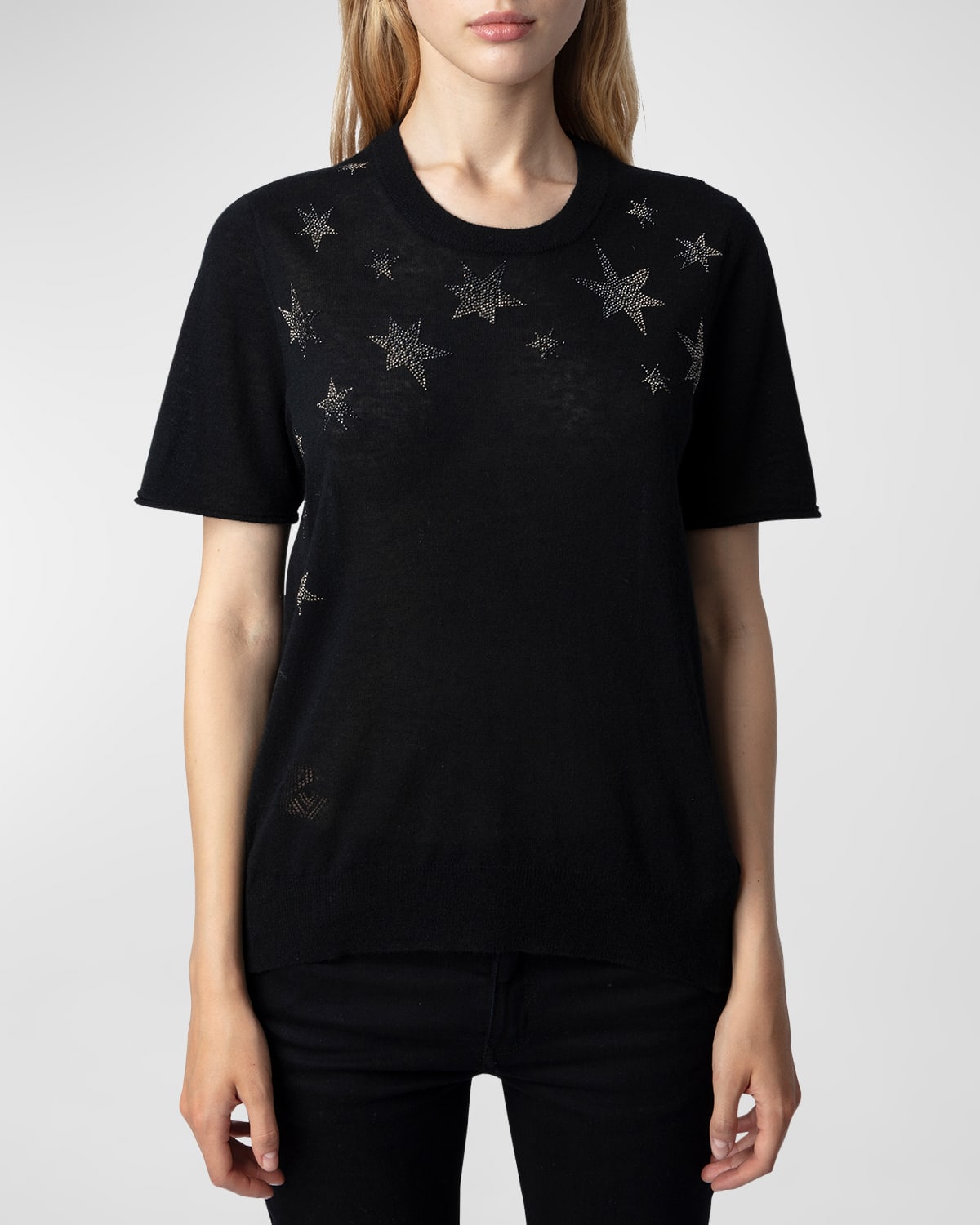 Zadig & Voltaire Ida Stars Rhinestone-embellished Knitted Top In Noir
