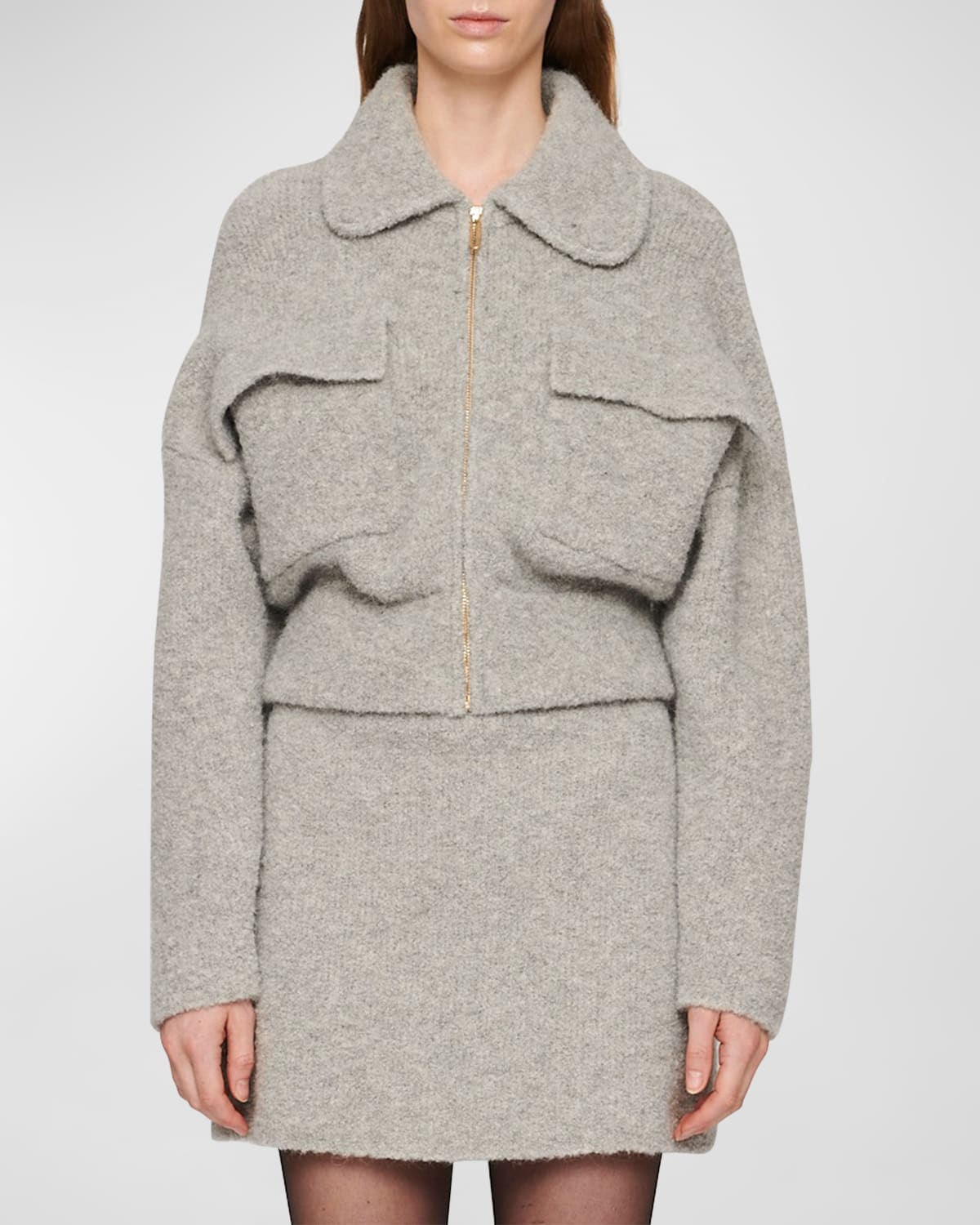 Clea Huge Boucle Wool Bomber Jacket In Grey