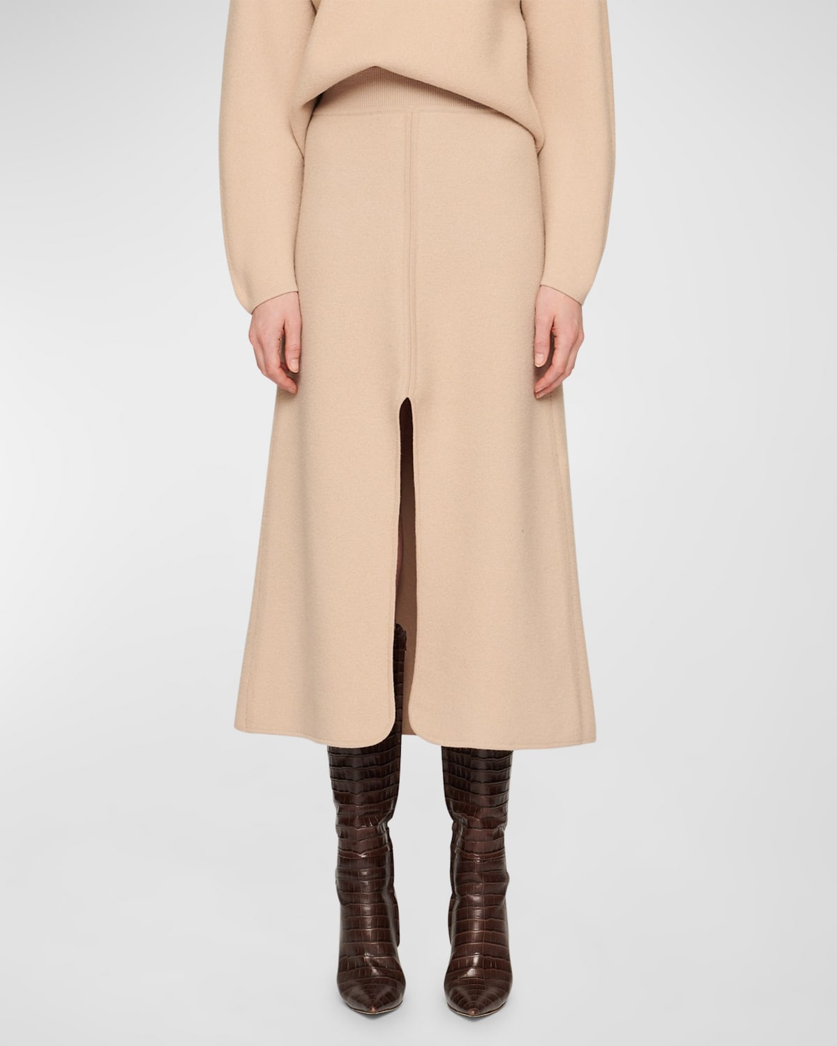 Clea Marloe Boiled Wool Knit Midi Skirt In Camel