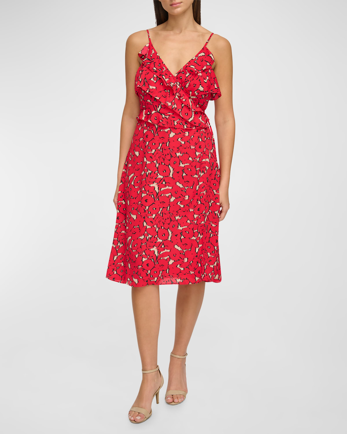 Donna Karan Floral-Print Ruffle-Trim Midi Wrap Dress