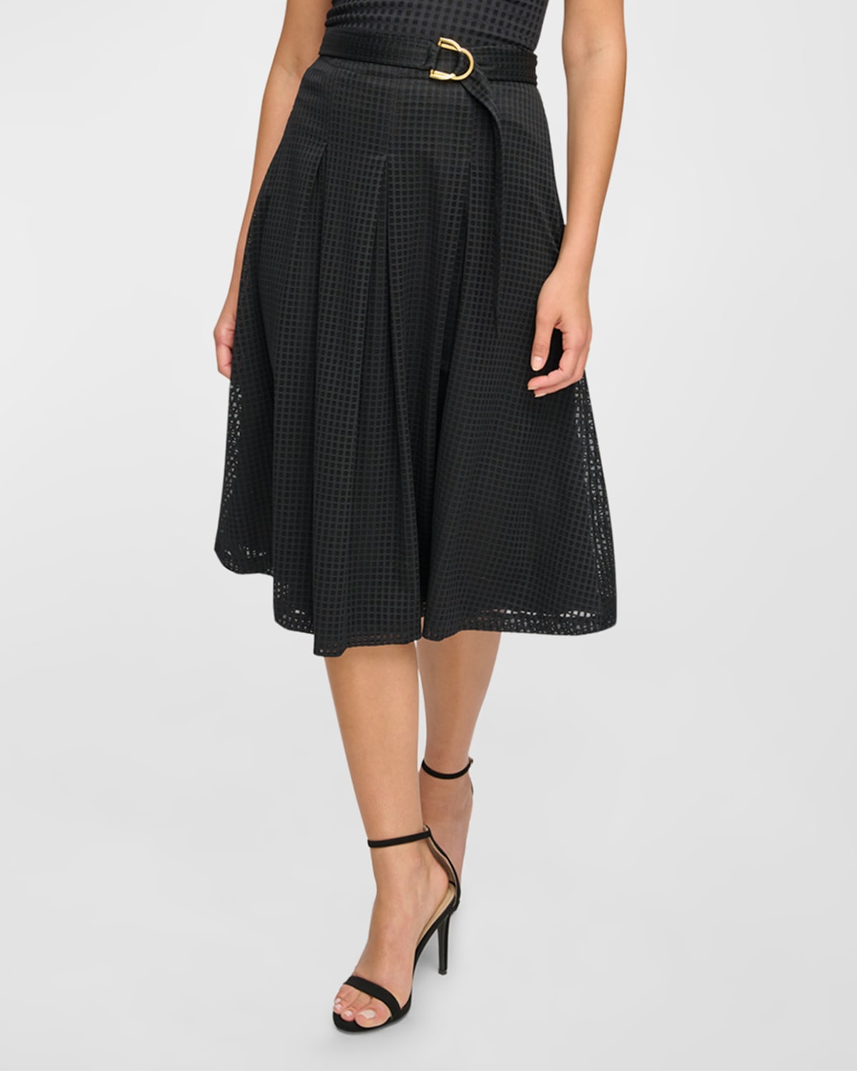 Donna Karan Pleated Lattice Lace A-Line Midi Skirt