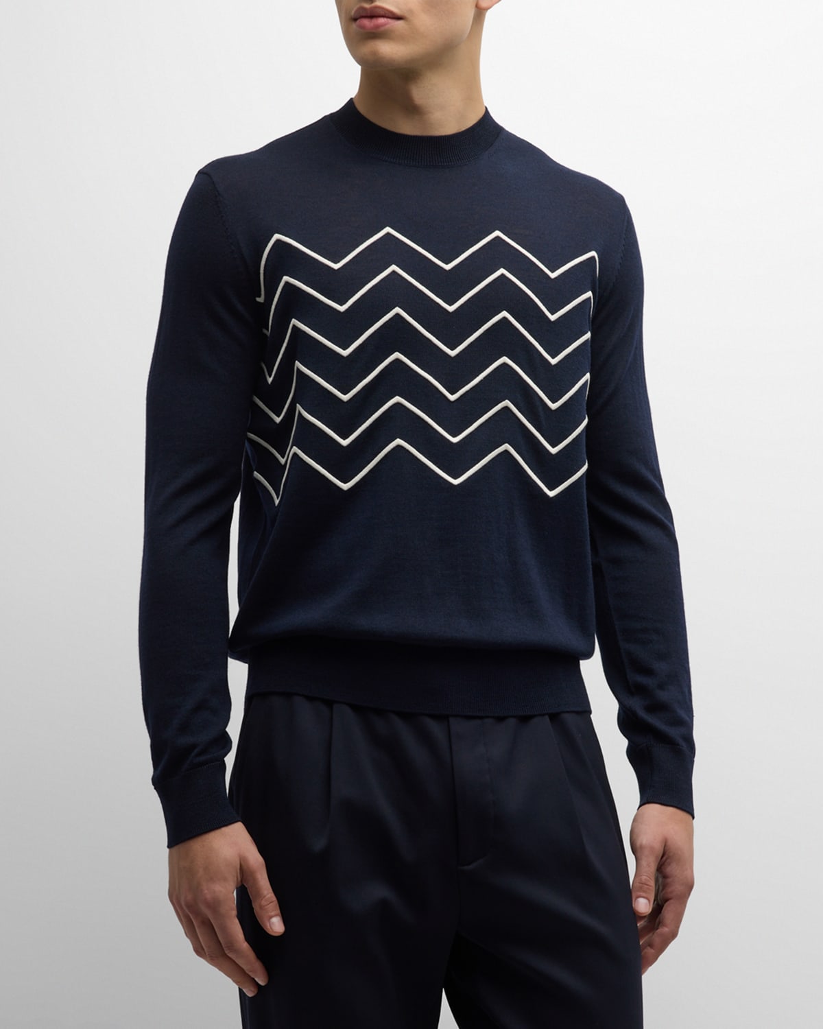 Emporio Armani Men's Jersey Zigzag Embroidered Sweater In Navy