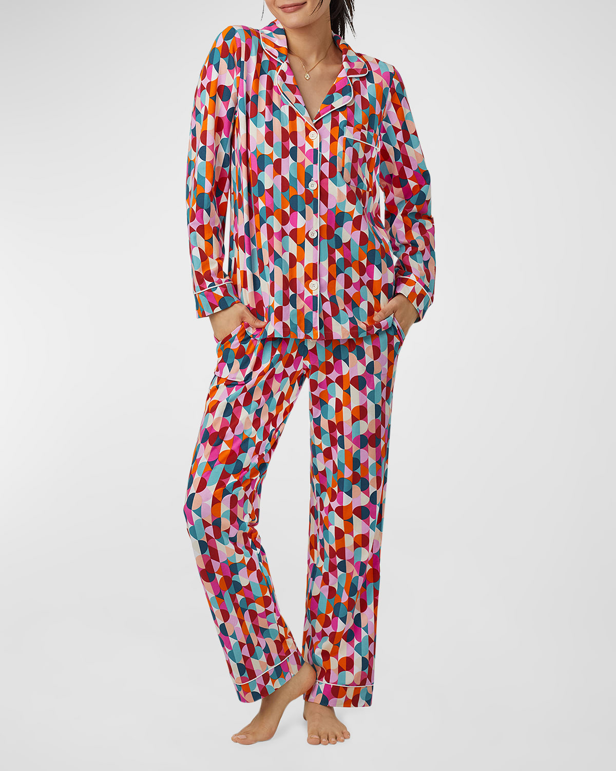 Geometric-Print Long Jersey Pajama Set