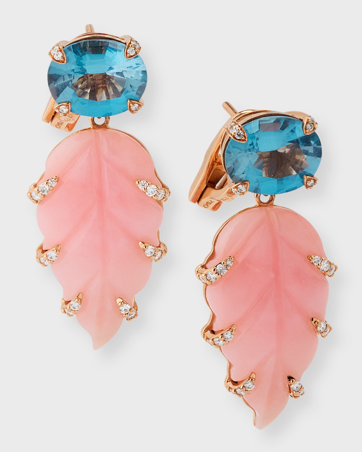 18K Rose Gold Oval Blue Topaz, Carved Pink Opal and Round Diamond Earrings