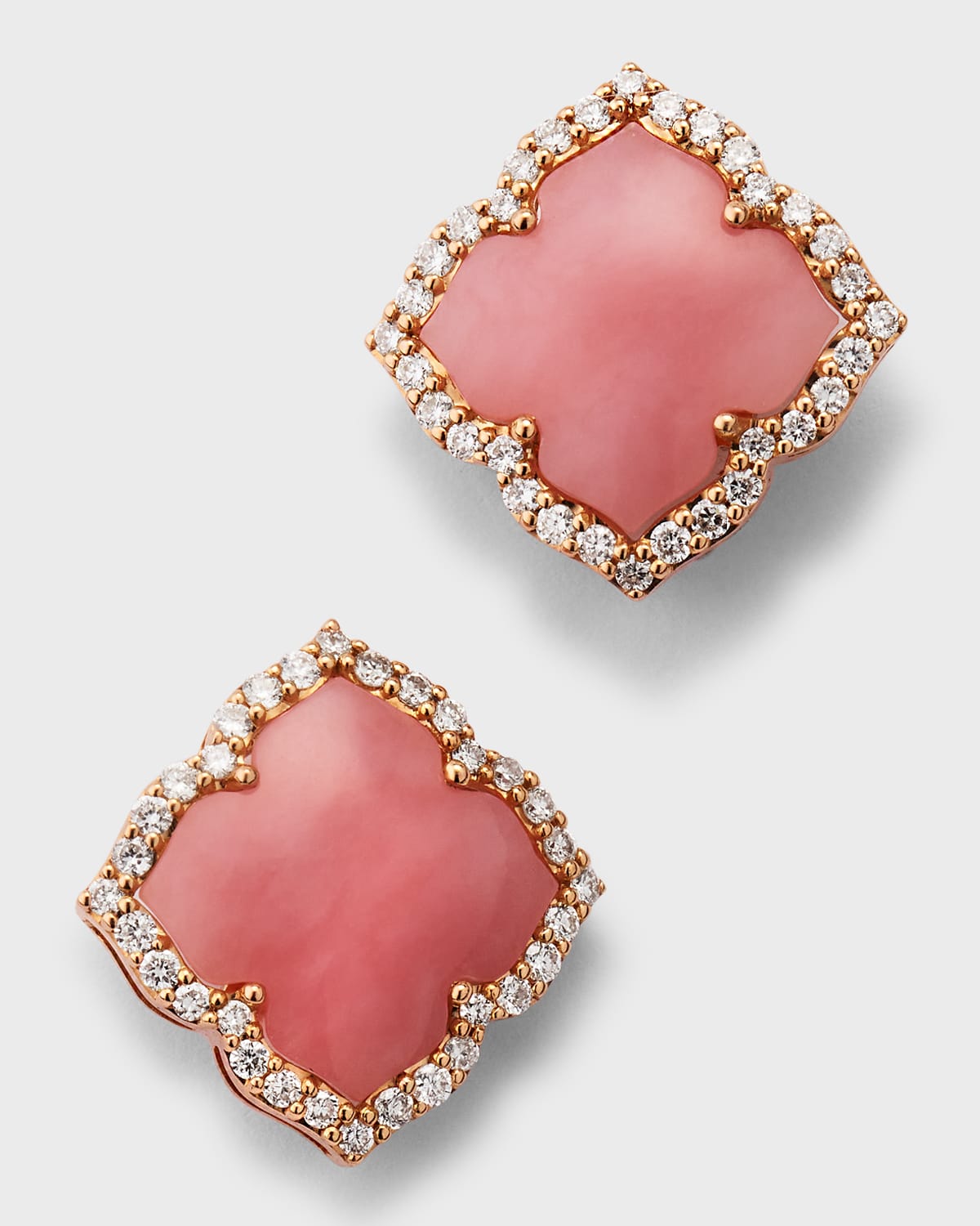18K Rose Gold Carved Pink Opal and Round Diamond Small Stud Earrings