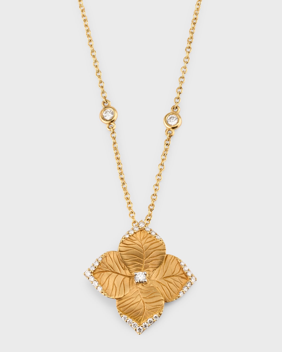 18K Yellow Gold Large Flower Pendant Necklace with Round Diamonds