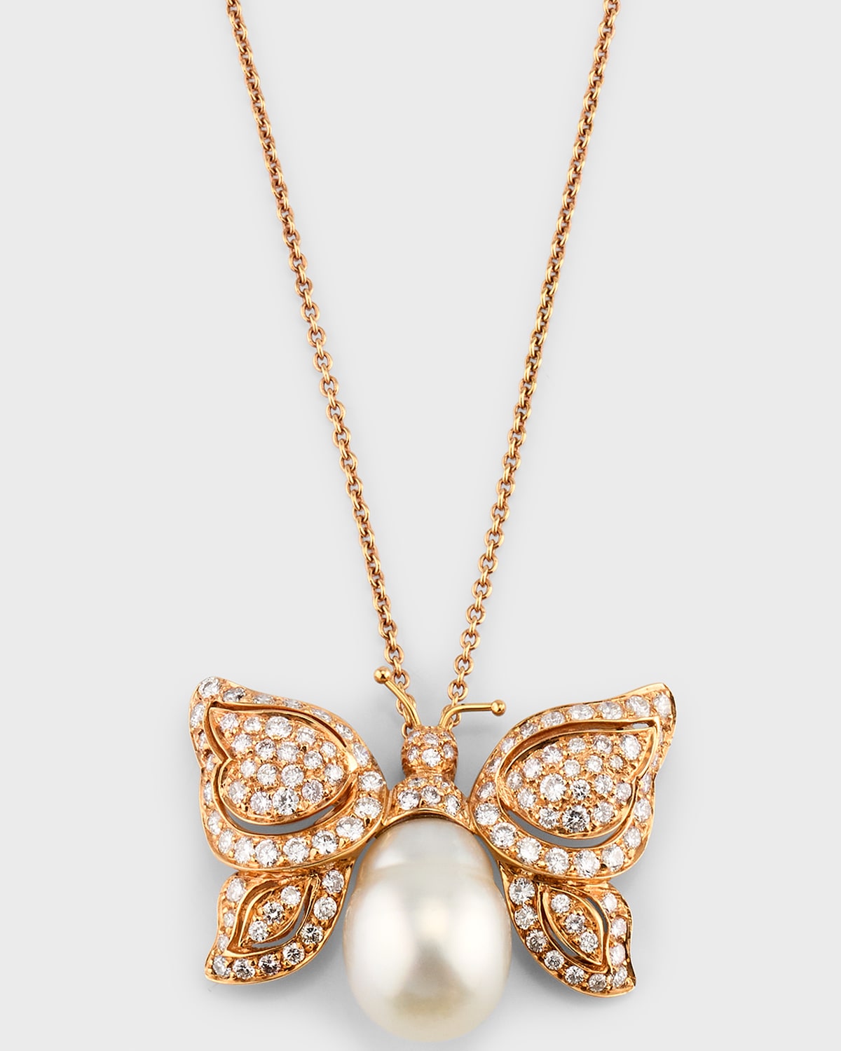 18K Rose Gold White South Sea Pearl and Diamond Butterfly Pendant Necklace