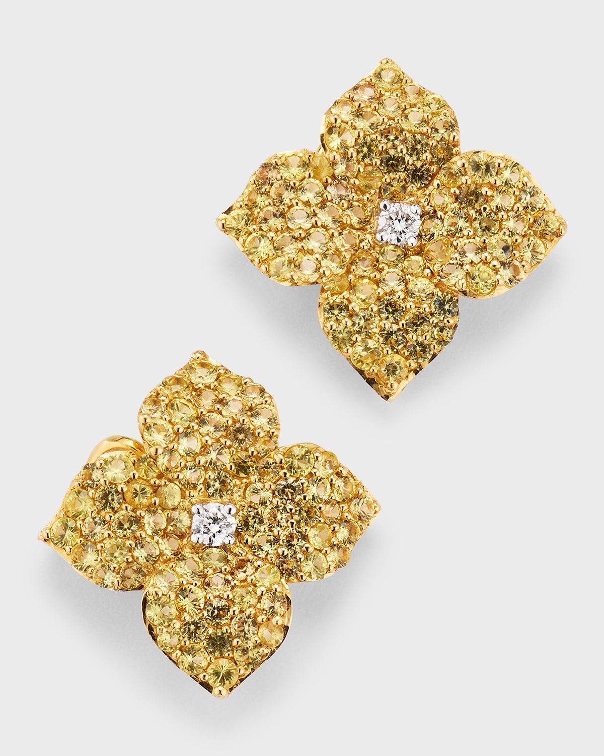18K Yellow Gold Pave Yellow Sapphire and Round Diamond Flower Earrings