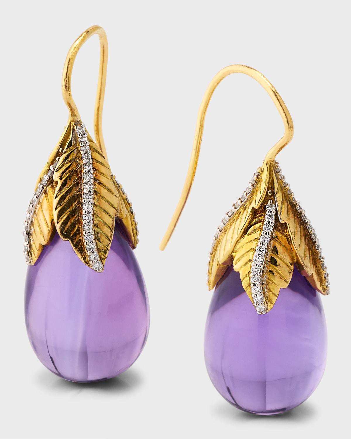 18K White and Yellow Gold Drop Amethyst Earrings with Round Diamonds, 1.5"L