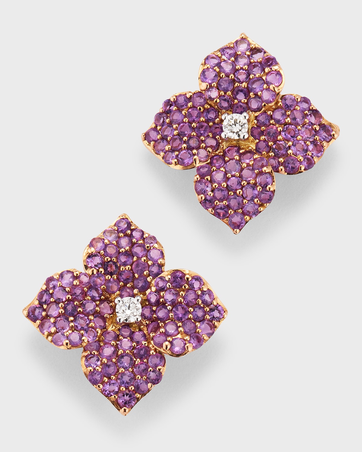 18K White and Rose Gold Pave Amethyst Small Flower Stud Earrings with Round Diamonds