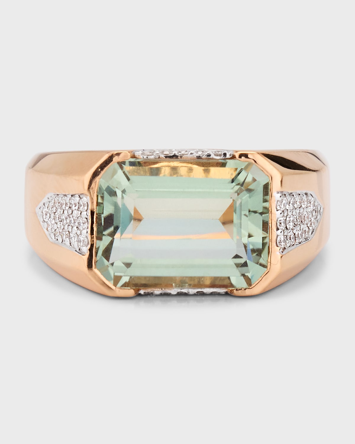 18K White and Rose Gold Emerald Cut Green Amethyst Ring with Pave Diamonds, Size 6.5
