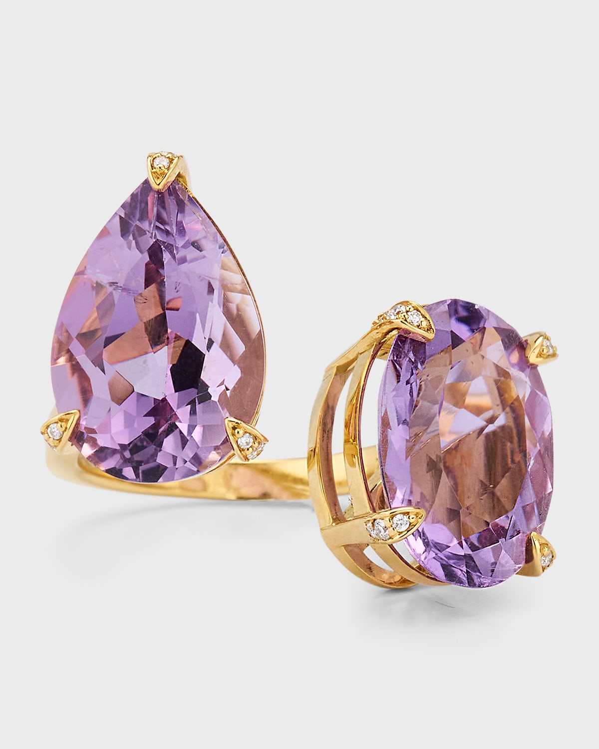 18K Yellow Gold Oval and Pear Shaped Amethyst Ring with Round Diamonds, Size 5.5