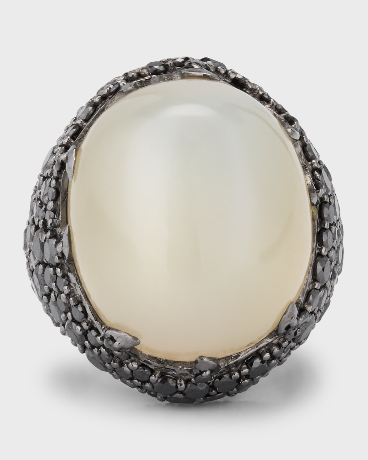 18K Black Gold Cabochon White Moonstone and Black Diamond Ring, Size 7