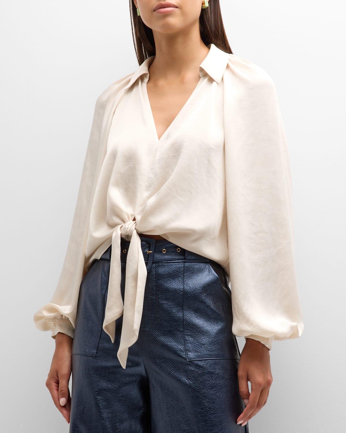 RAMY BROOK EMILY SATIN FRONT-TIE BLOUSE
