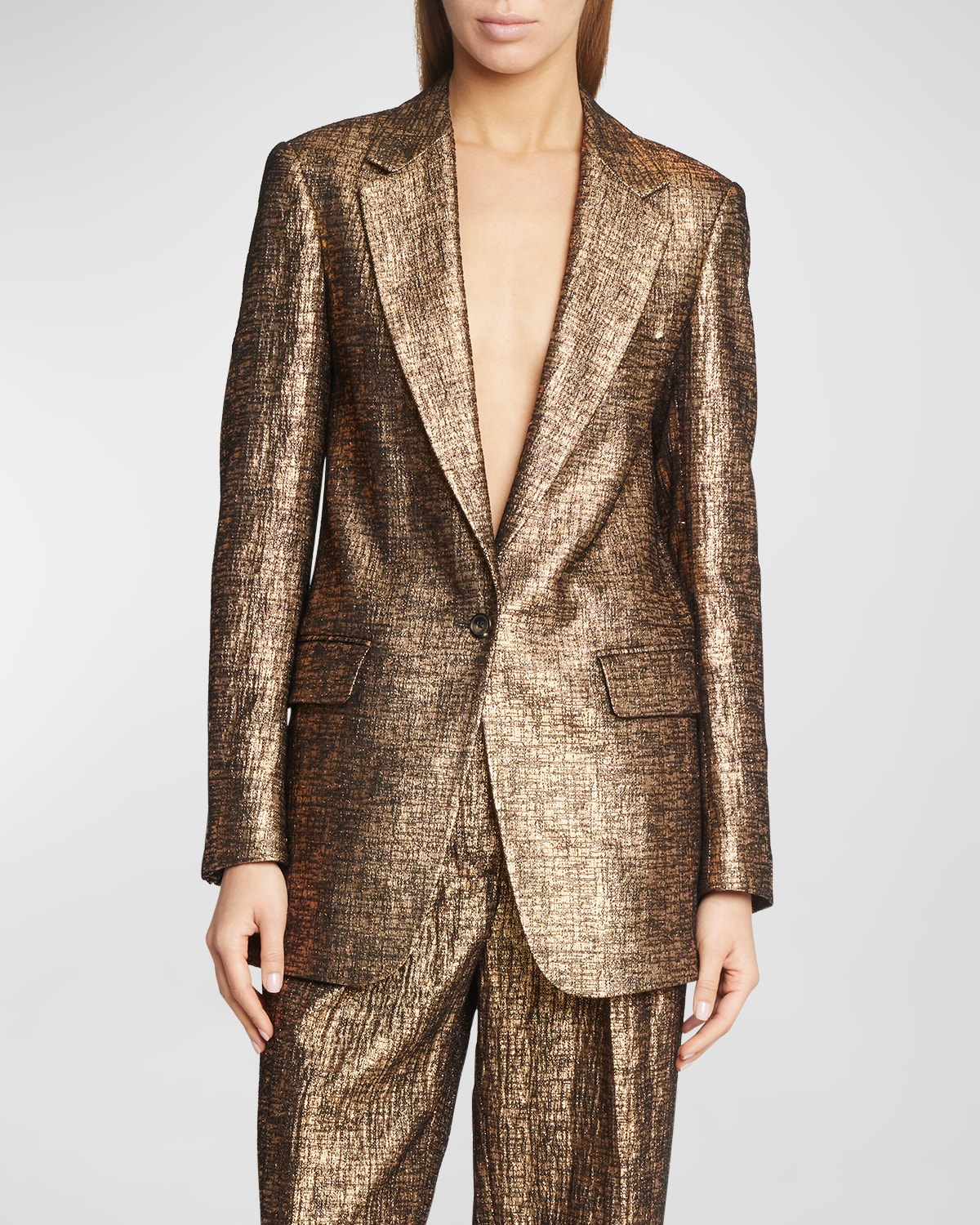 Dries Van Noten Blanchet One-button Metallic Blazer In Gold