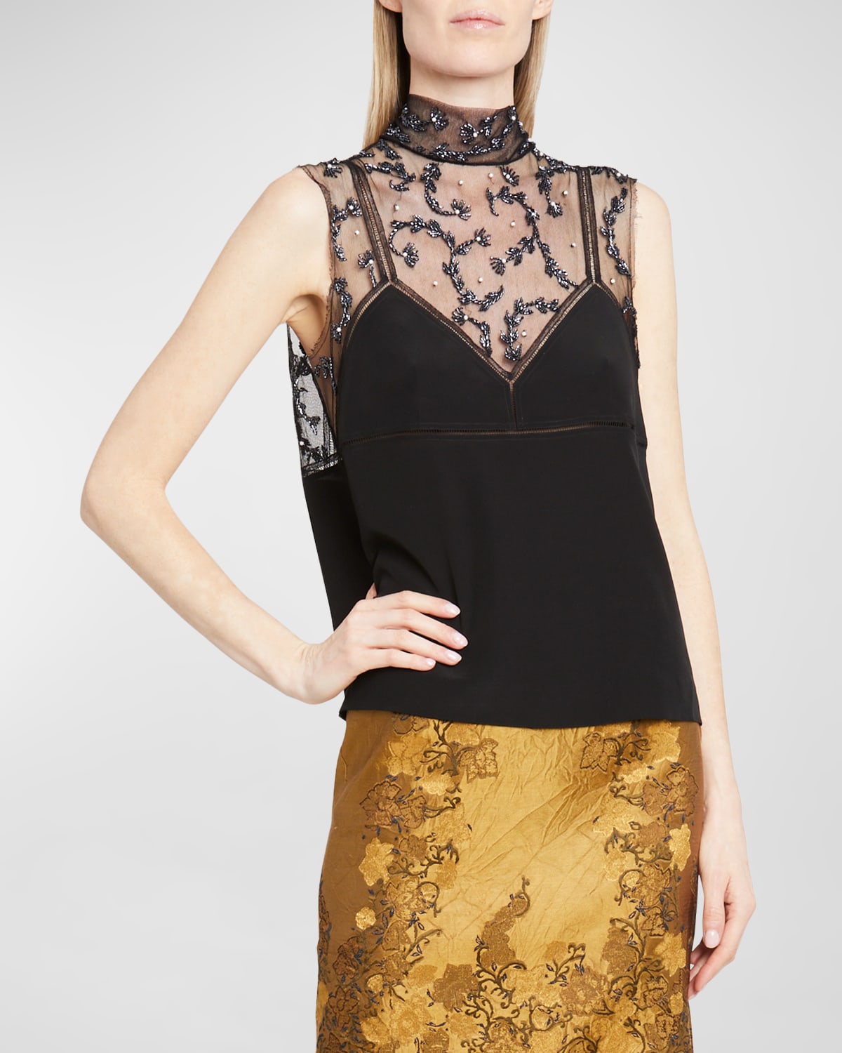 Dries Van Noten Carasi Embellished Mesh Panel Top In Black | ModeSens