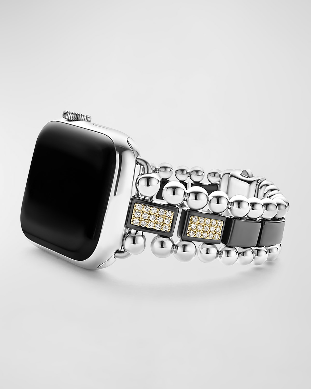 Lagos 18k Yellow Gold Smart Caviar Half Diamond Apple Watch Bracelet, 38-45mm In Silver/black