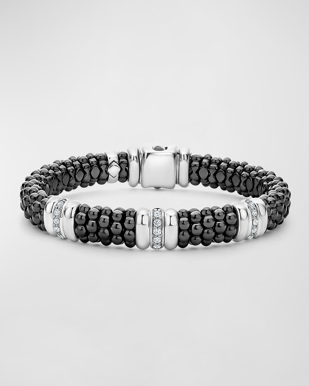 Three-Station Black Caviar Bracelet with Diamonds, 9mm