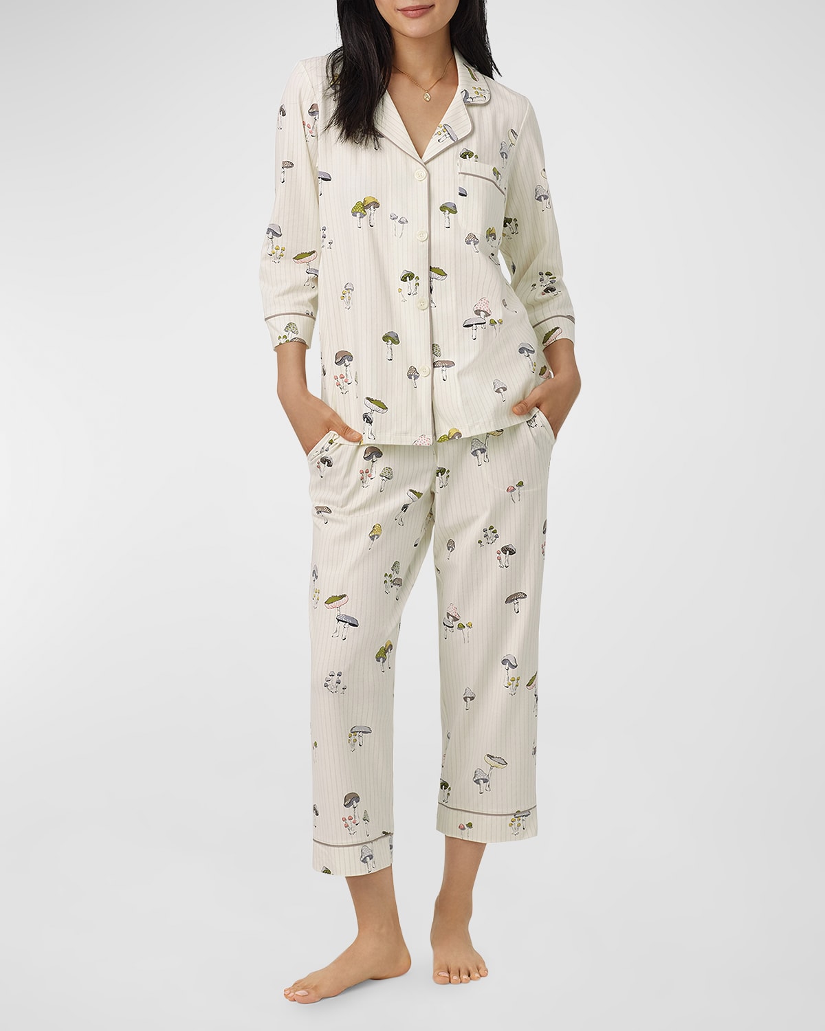Striped Mushroom-Print Cropped Pajama Set
