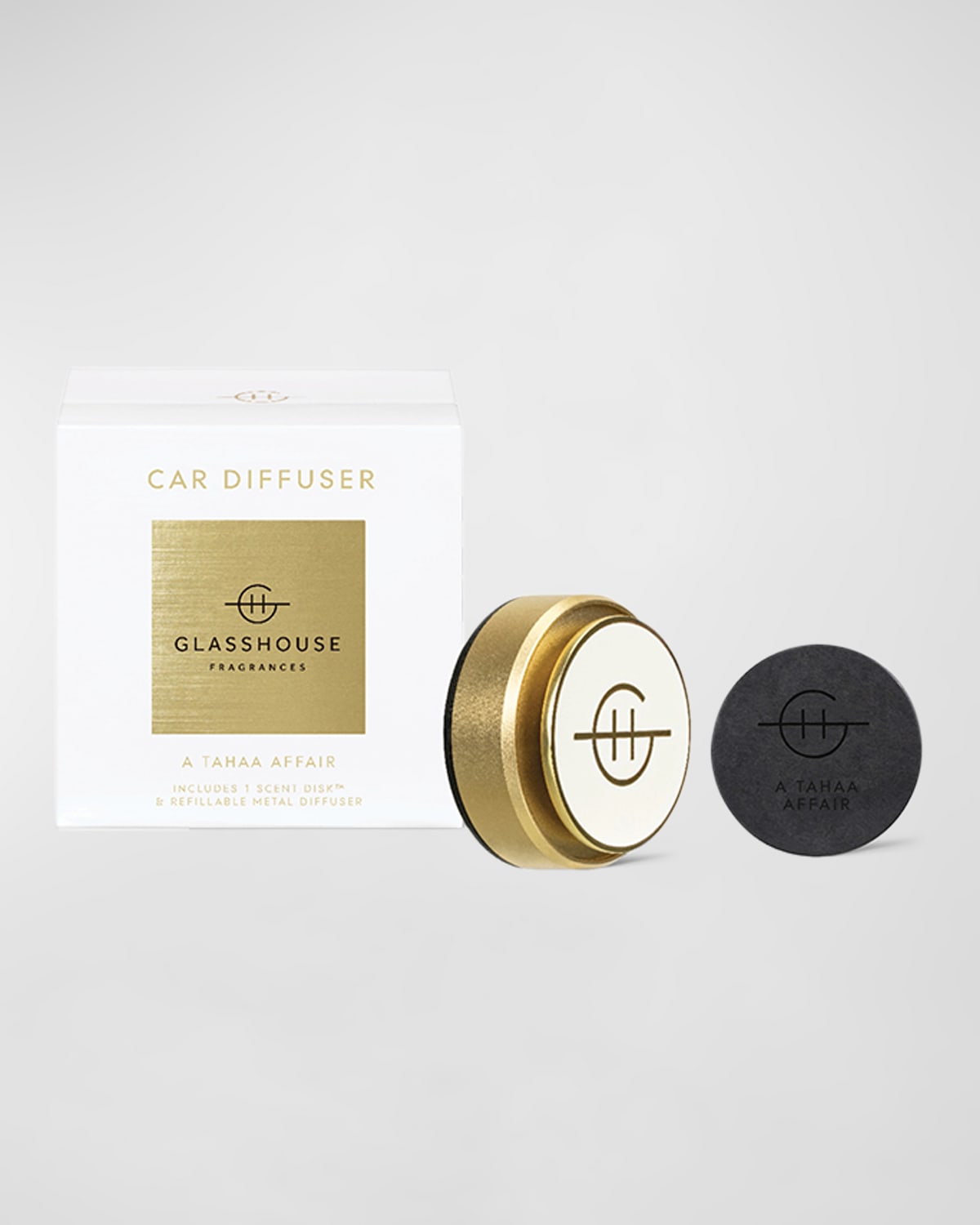 Golden Car Diffuser with A Tahaa Affair Replacement Scent Disk
