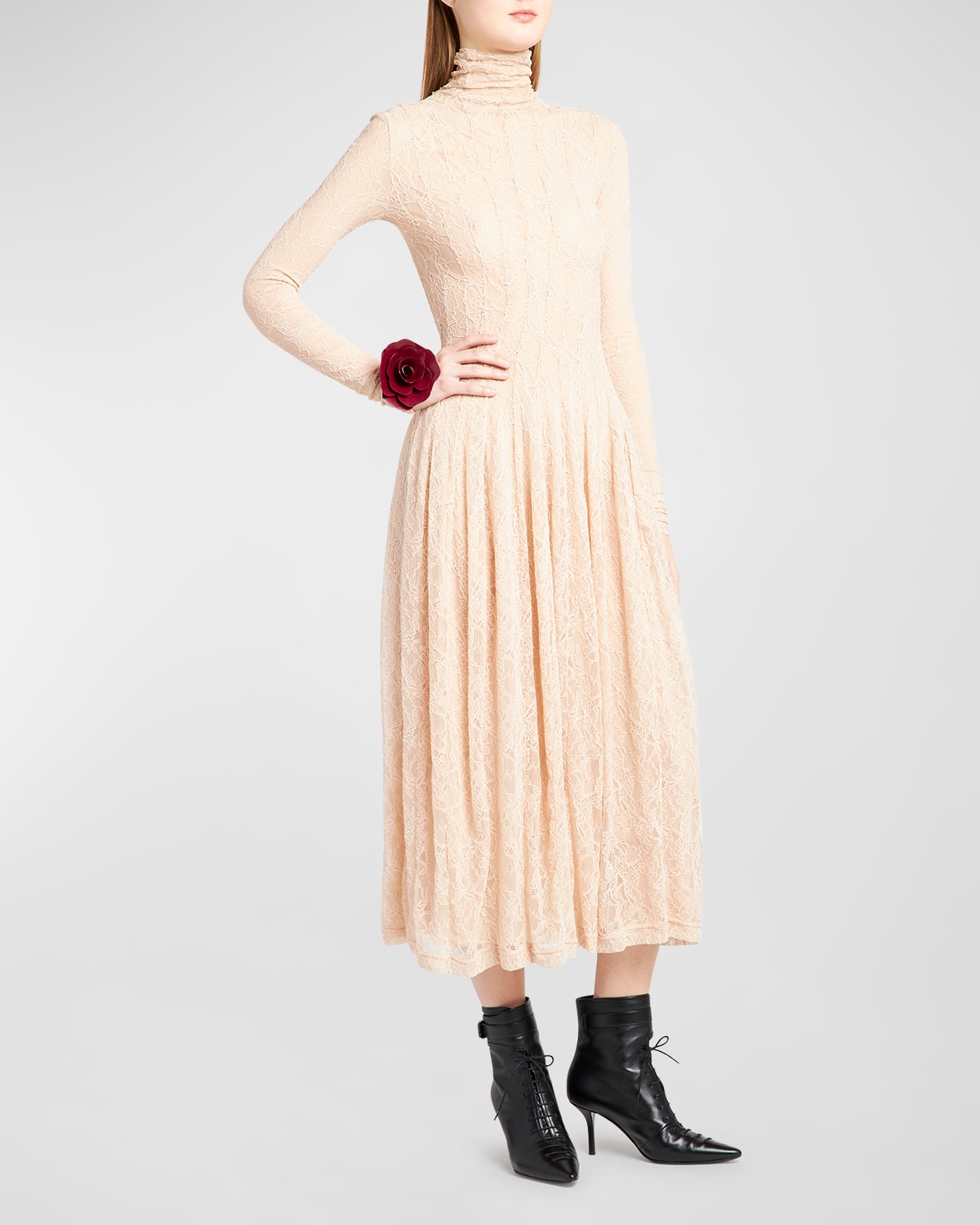 Philosophy Di Lorenzo Serafini Long Sleeve Lace-overlay A-line Midi Dress In Beige