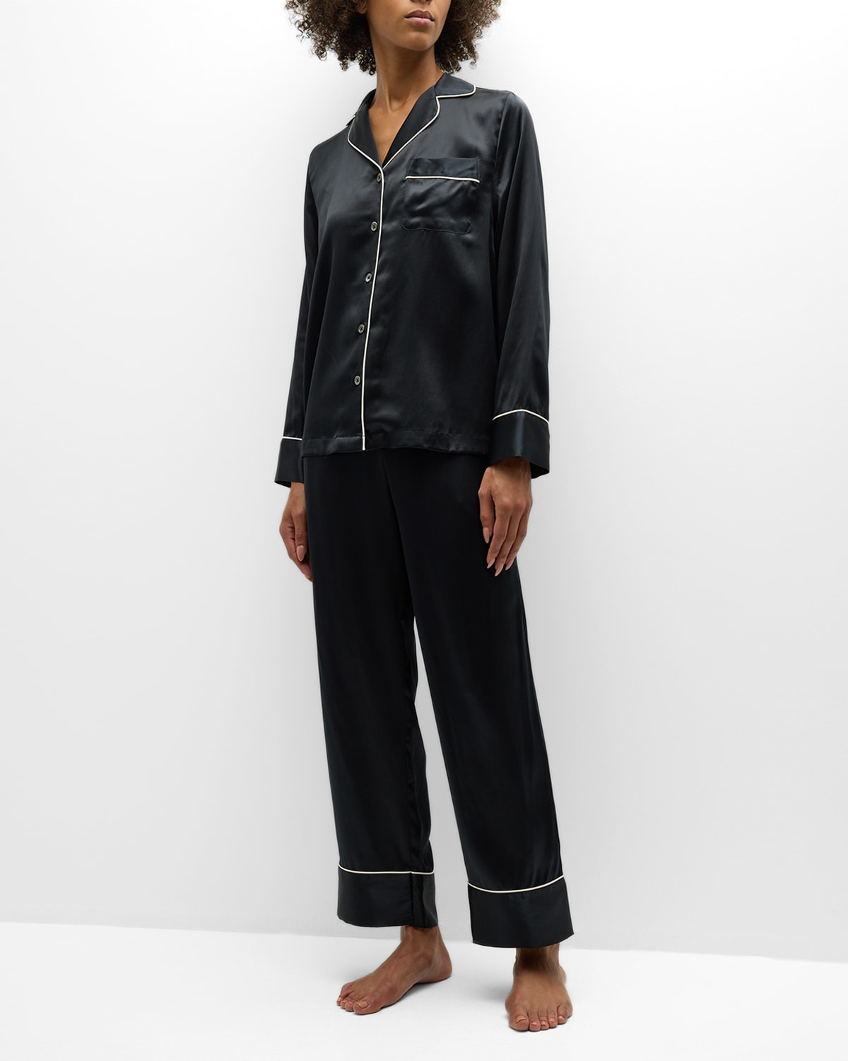 Neiman Marcus Long Silk Charmeuse Pajama Set In Black W White Pip