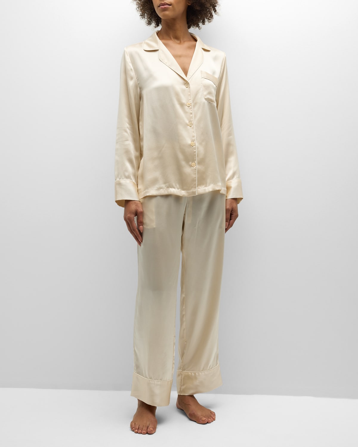 Neiman Marcus Long Silk Charmeuse Pajama Set In Chalk W White Pip