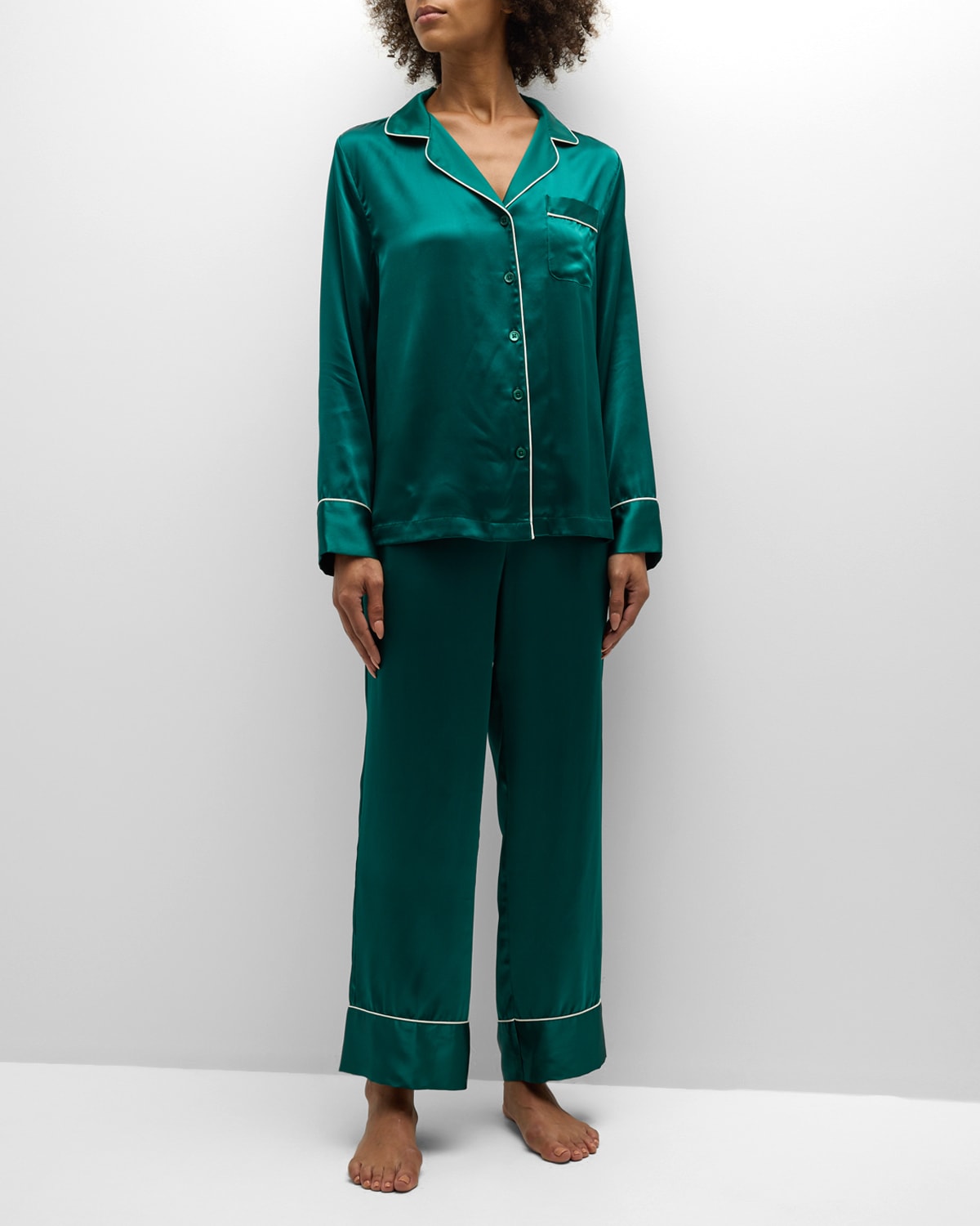 Neiman Marcus Long Silk Charmeuse Pajama Set In Malichite W White