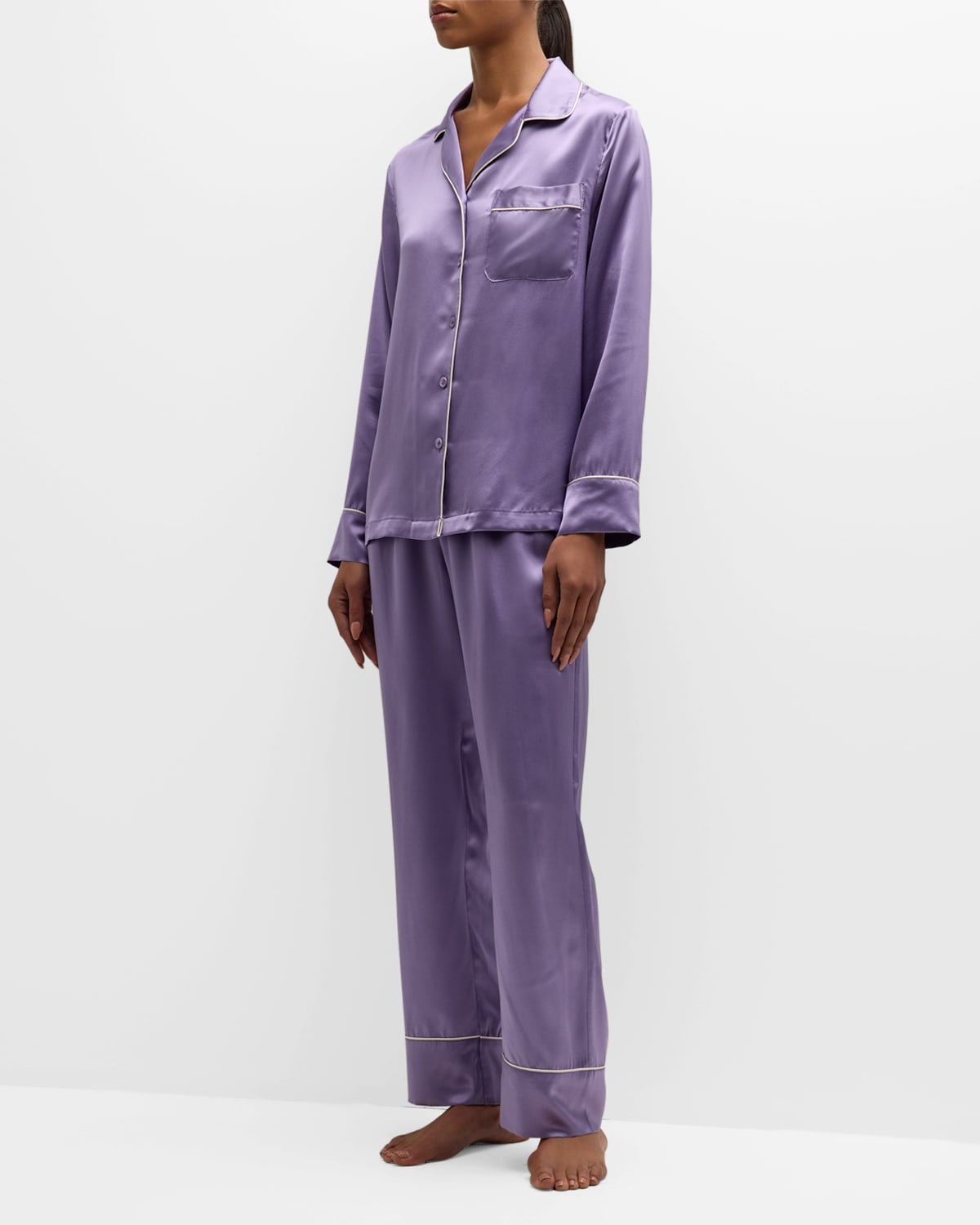 Neiman Marcus Long Silk Charmeuse Pajama Set In Quartz W White Pi