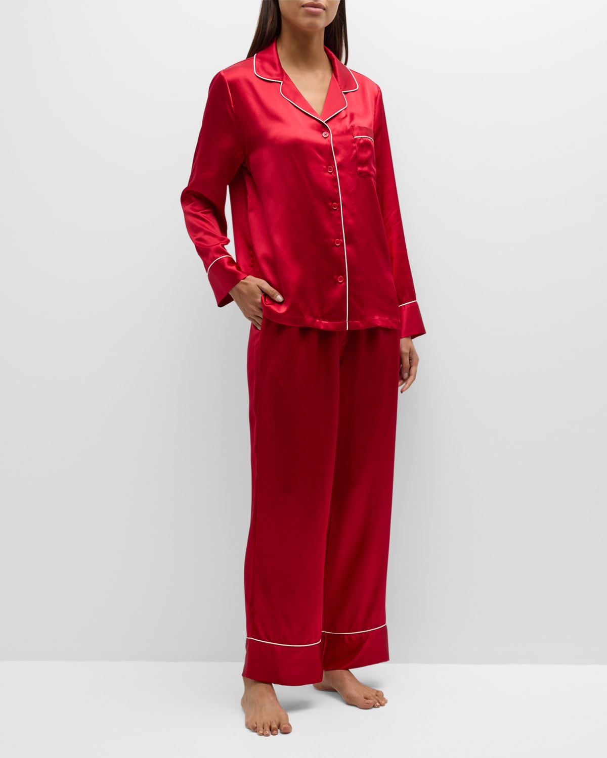 Neiman Marcus Long Silk Charmeuse Pajama Set In Red W White Pipin