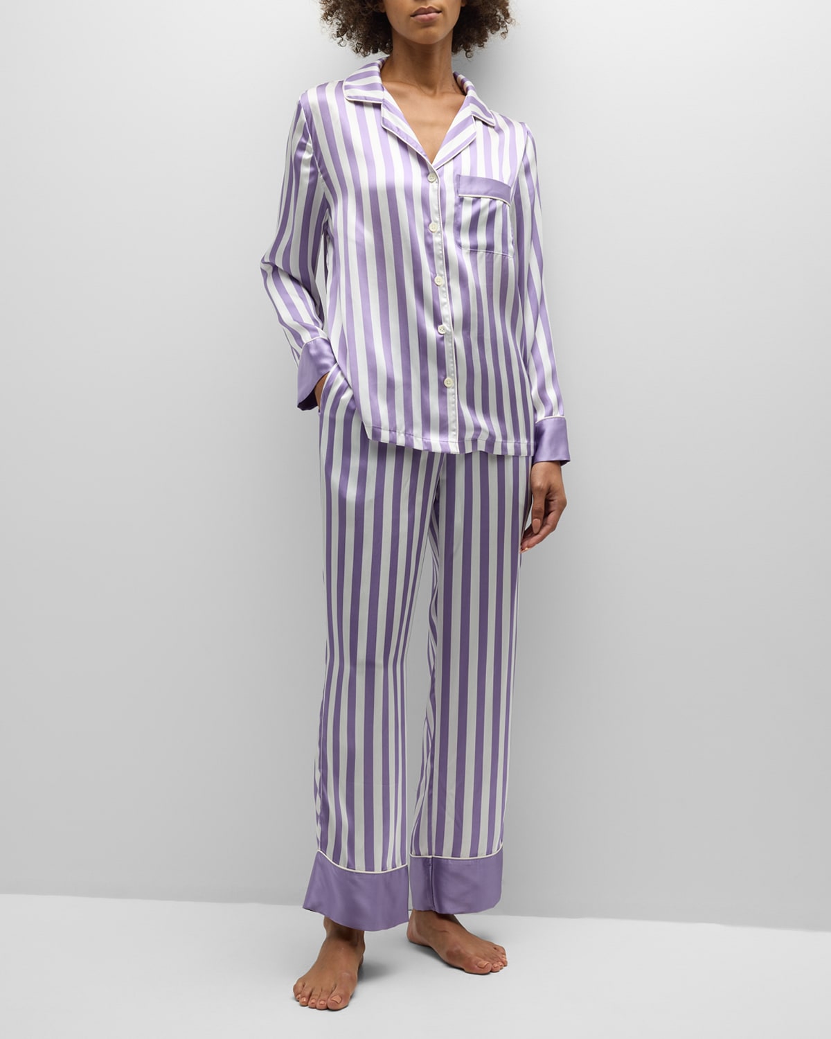 Neiman Marcus Striped Silk Charmeuse Pajama Set In Purple Shimmer St
