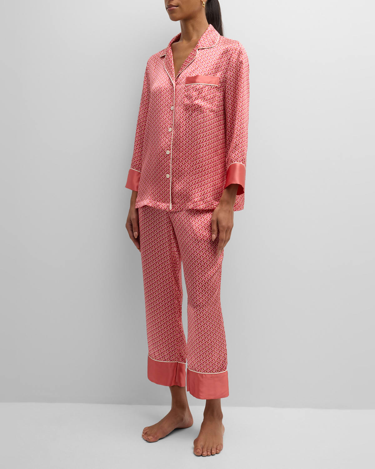 Printed Cropped Silk Charmeuse Pajama Set