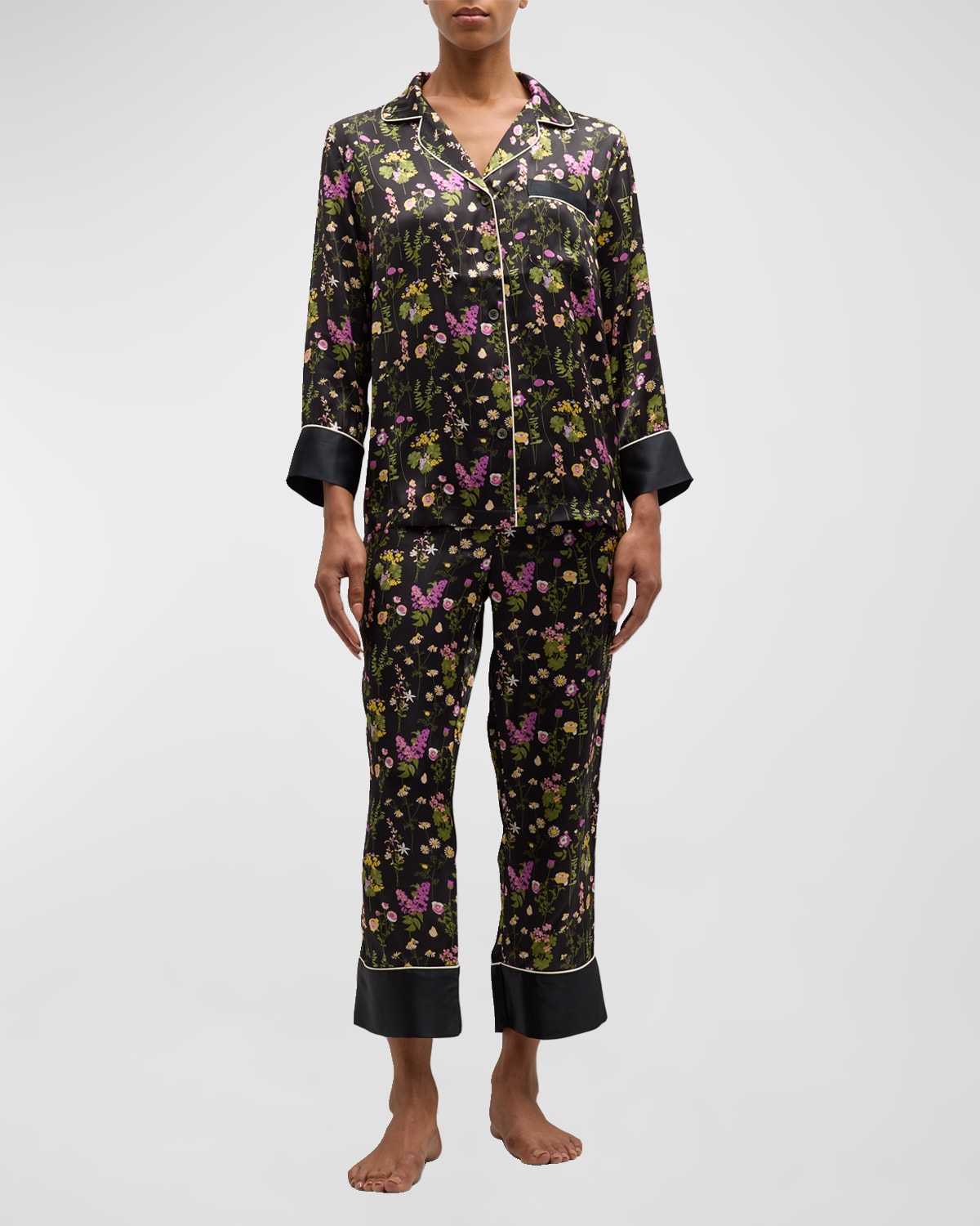 Printed Cropped Silk Charmeuse Pajama Set