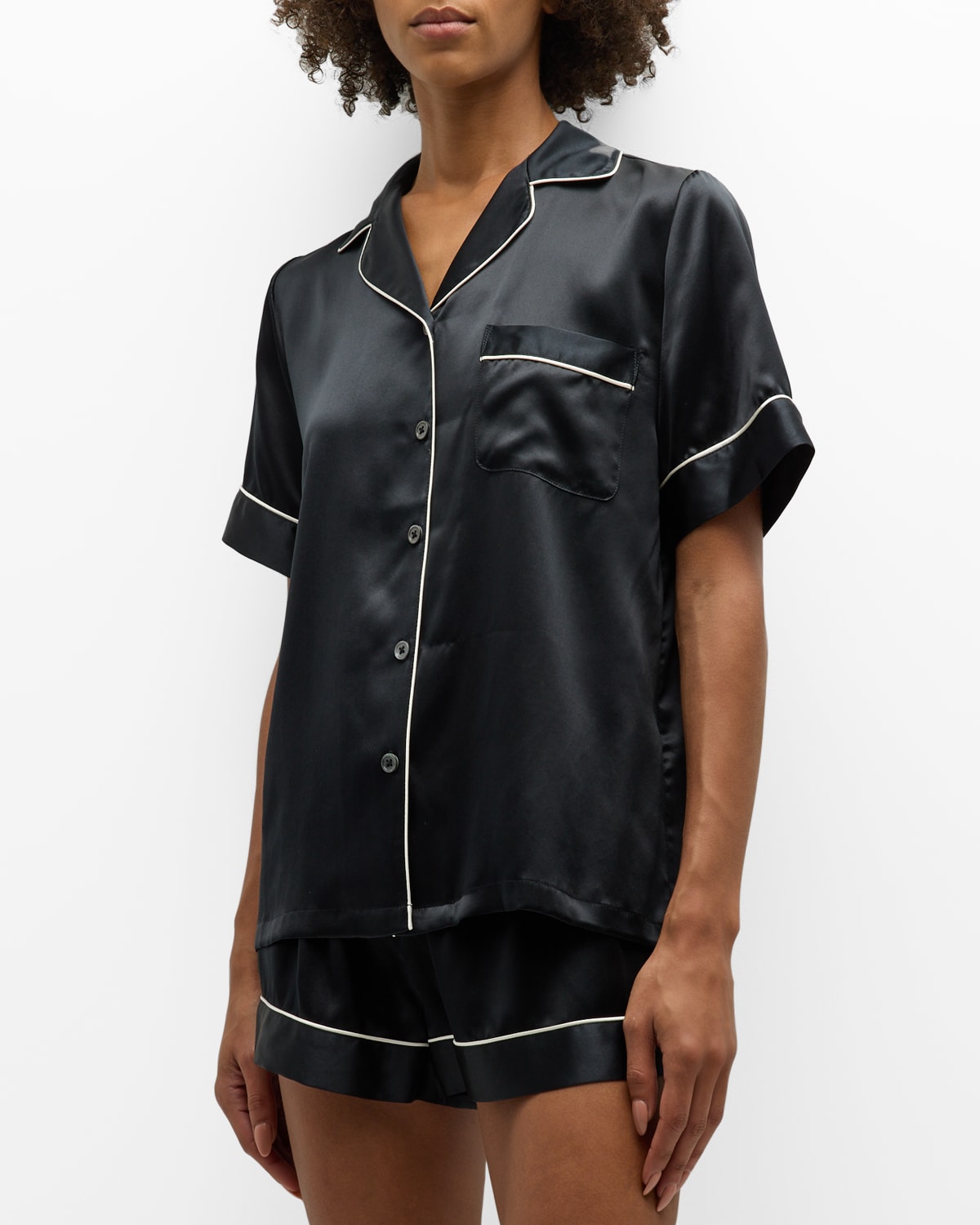 Shop Neiman Marcus Short Silk Charmeuse Pajama Set In Black W White Piping