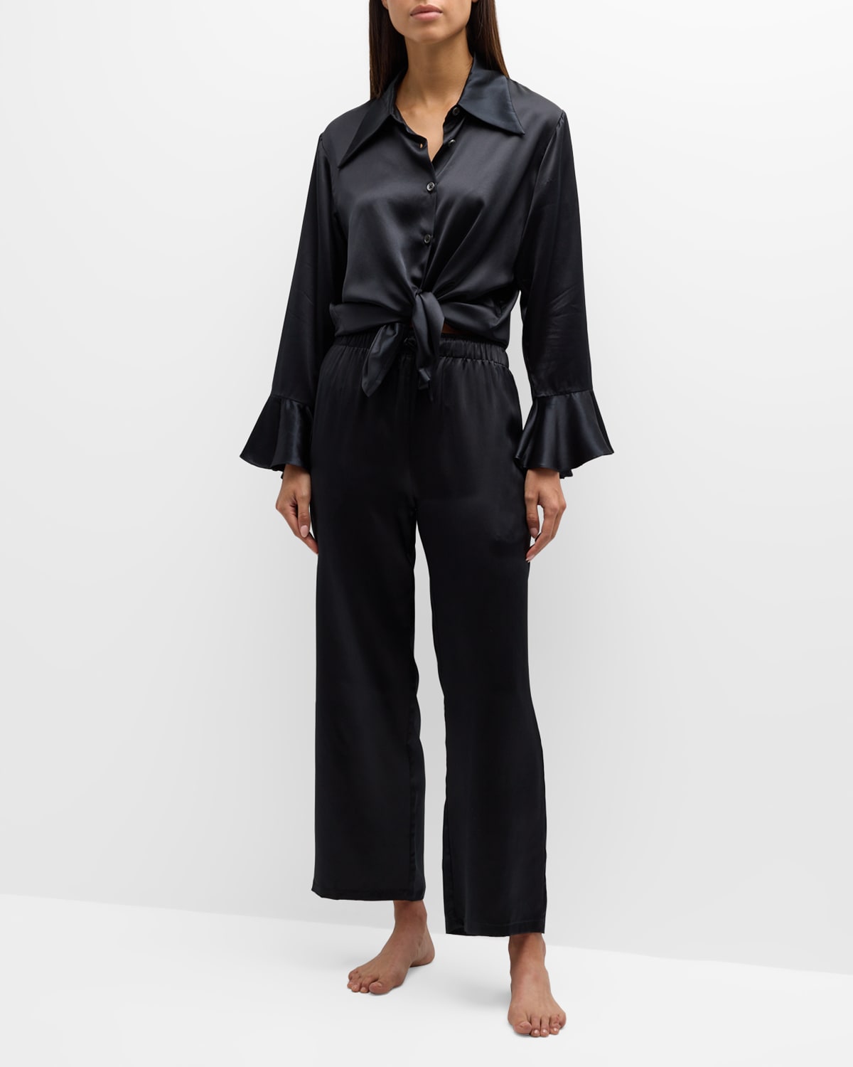 Neiman Marcus Ruffle Long-sleeve Silk Pajama Set In Black