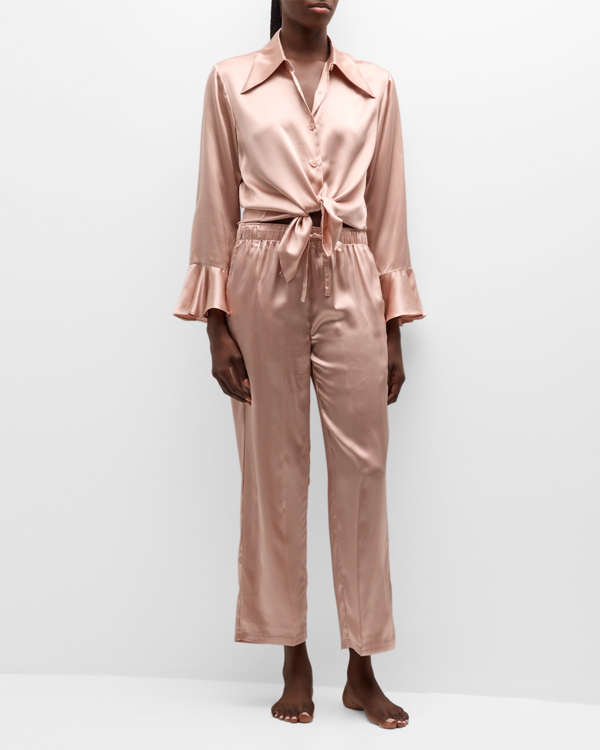 Neiman Marcus Ruffle Long-sleeve Silk Pyjama Set In Quartz
