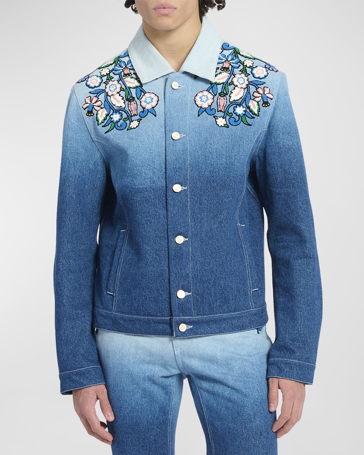 Shop Casablanca Men's Gradient Floral Embroidered Denim Jacket In Indigo