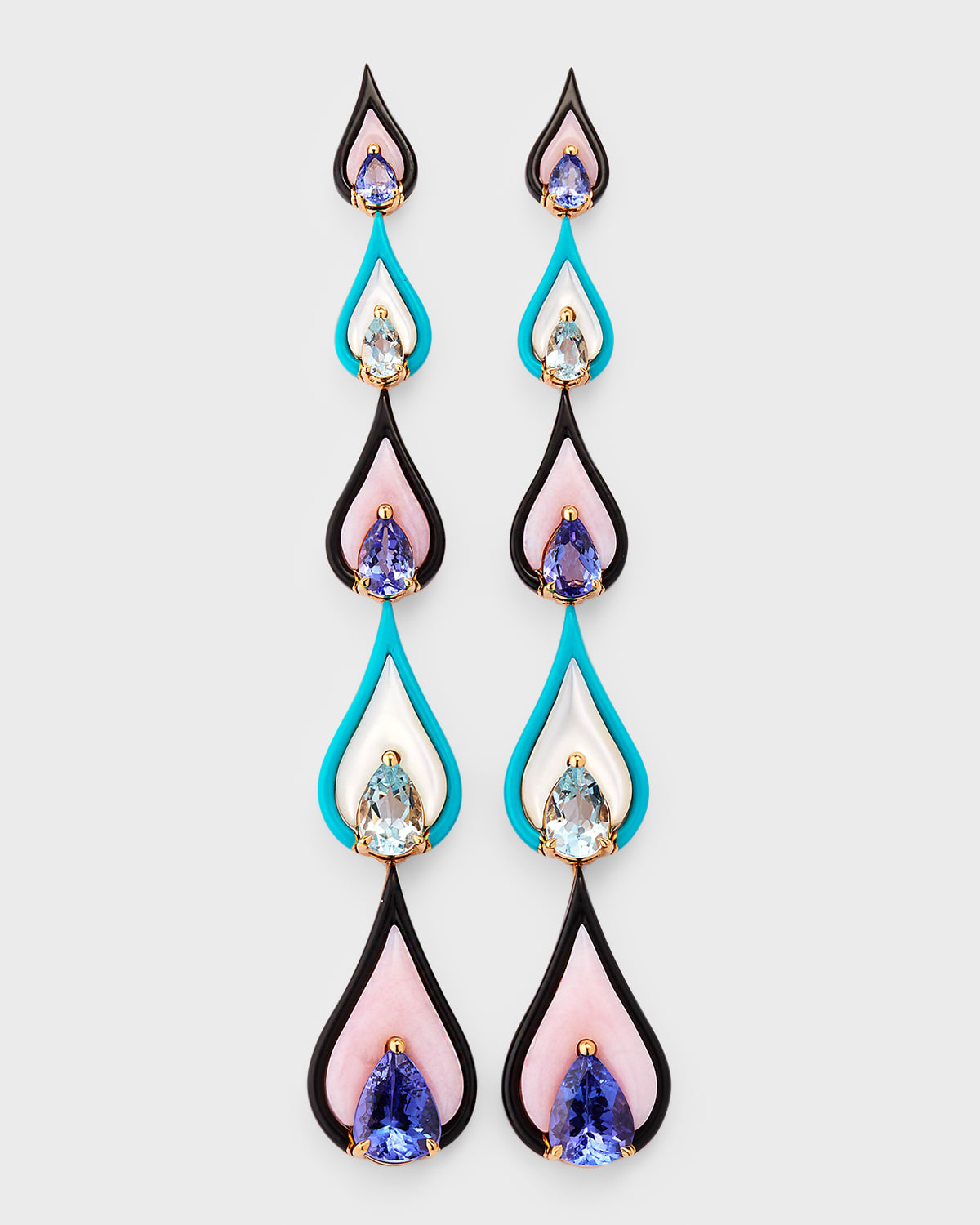 18K Pink Gold Earrings with Aquamarine and Tanzanite Pears