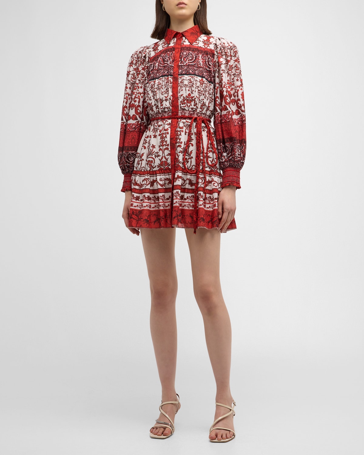 ALICE AND OLIVIA TIFFIE BELTED LONG-SLEEVE MINI SHIRTDRESS